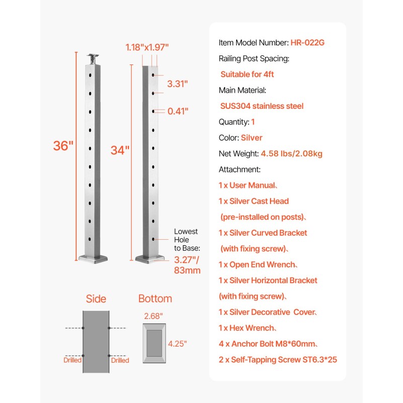 Kaapelikäsijohteen pylväs ruostumaton teräs 91,4 cm esiporatut reiät jauhemaalattu hopea