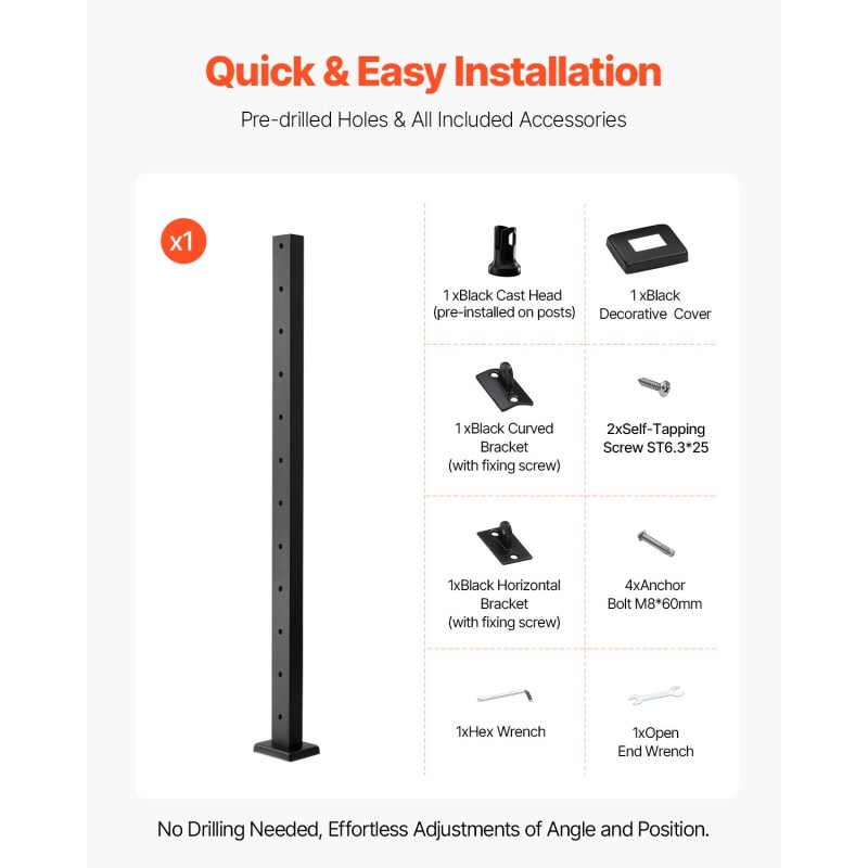 Kaapelikäsijohteen pylväs SUS304 ruostumaton teräs musta 106,7 cm 1 kpl terasseille