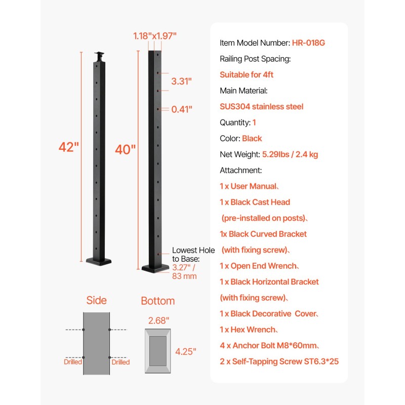 Kaapelikäsijohteen pylväs SUS304 ruostumaton teräs musta 106,7 cm 1 kpl terasseille