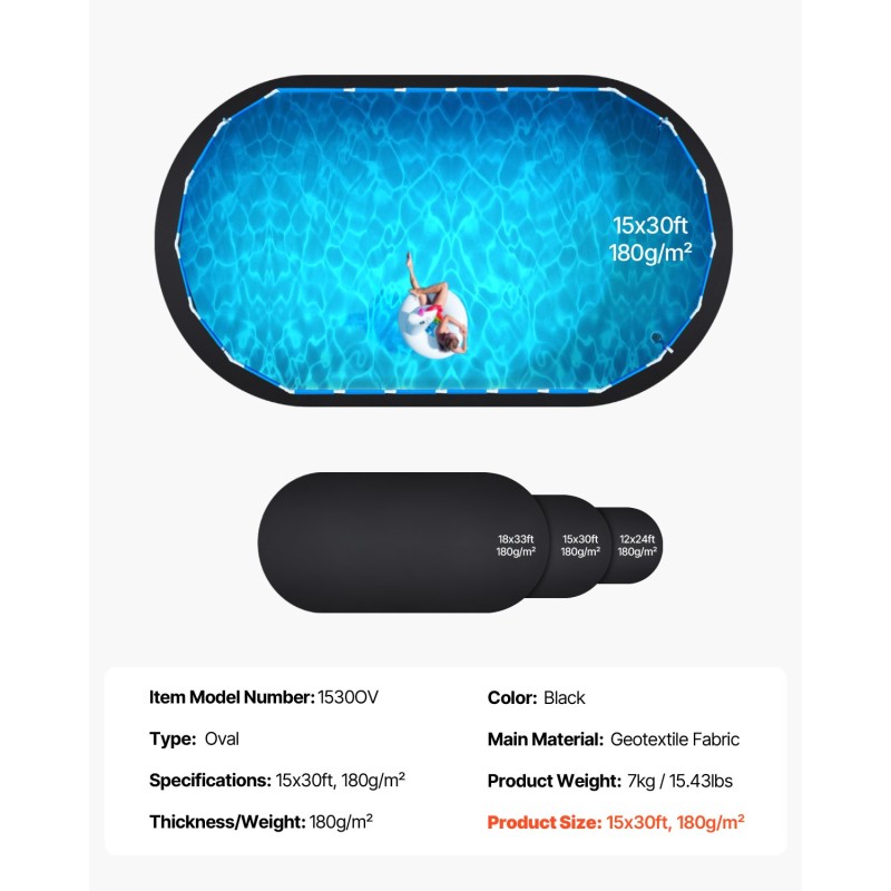 Allaspohjamatto geotekstiilikangas ovaali 15 x 30 jalkaa 180 g/m² musta