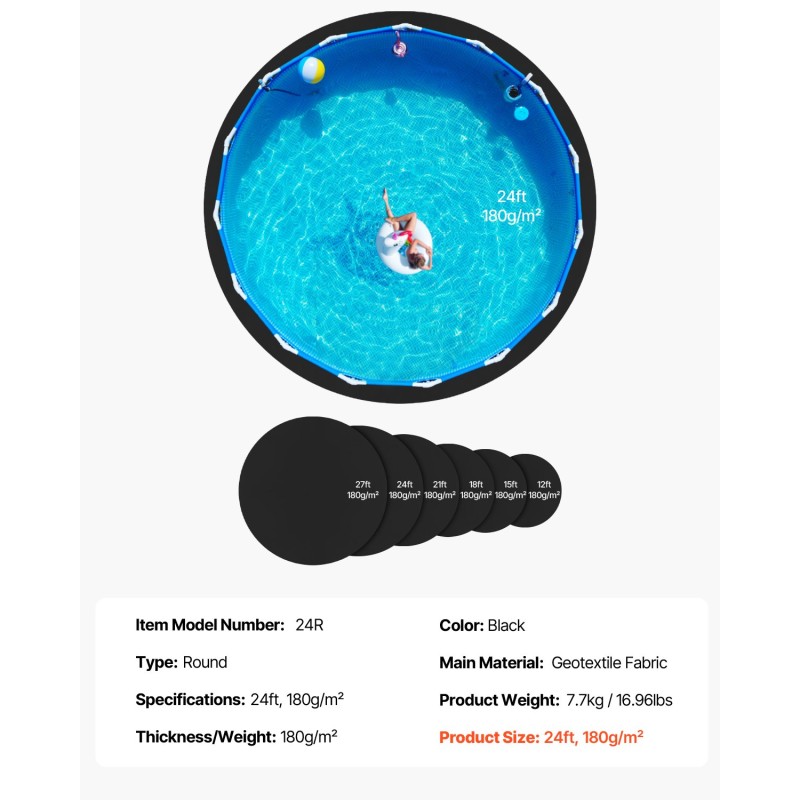 Pyöreä allaspohjamatto geotekstiilikangas 24ft 180g/m² musta