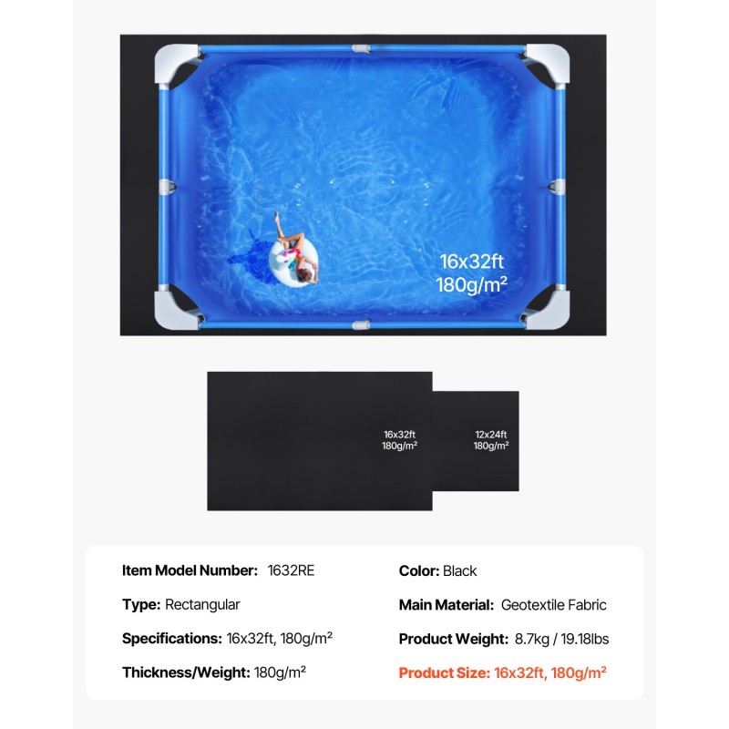 Altaan alusmatto suorakulmainen maanpäälliseen uima-altaaseen geotekstiilikangas 180 g/m² 16x32 jalkaa musta