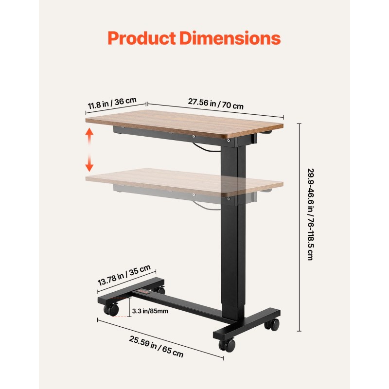 Sängyn ja sohvan vieripöytä sähköisellä korkeudensäätöllä lastulevyllä teräsrungolla pyörillä