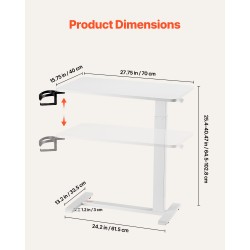Säädettävä sängynpöytä valkoinen lastulevy teräsrunko pyörillä mukitelineellä