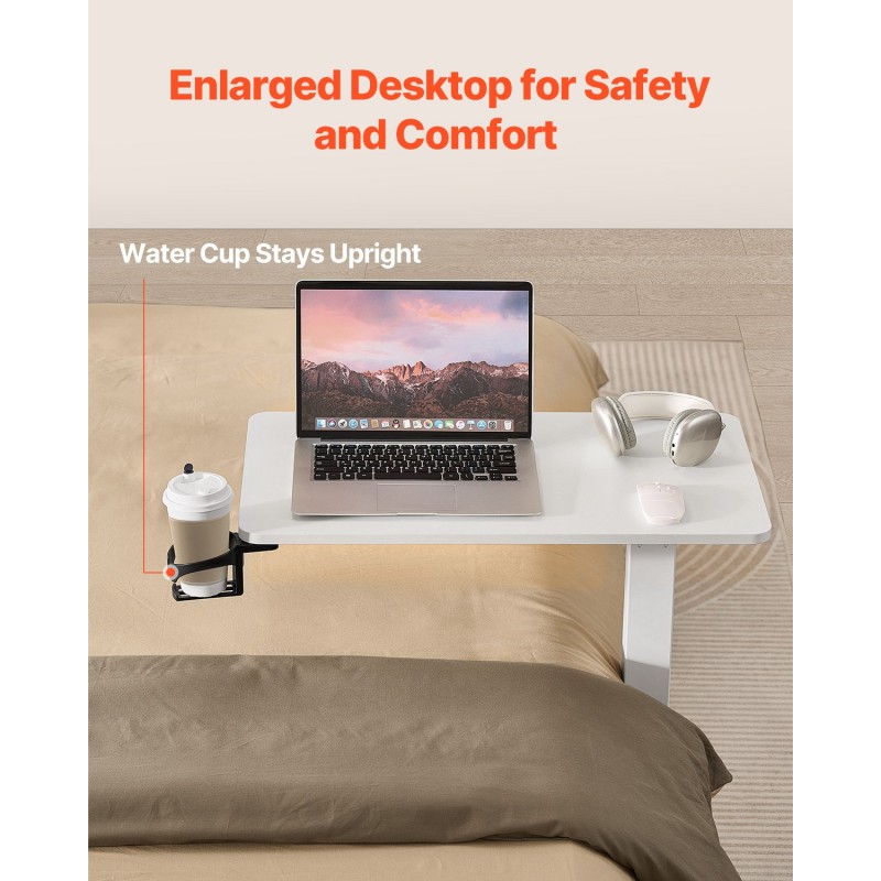 Säädettävä sängynpöytä valkoinen lastulevy teräsrunko pyörillä mukitelineellä