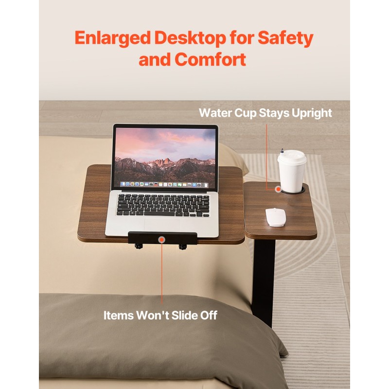 Sängynpöytä korkeussäädettävä lastulevyinen kallistettava pöytätaso 70x40 cm pyörillä