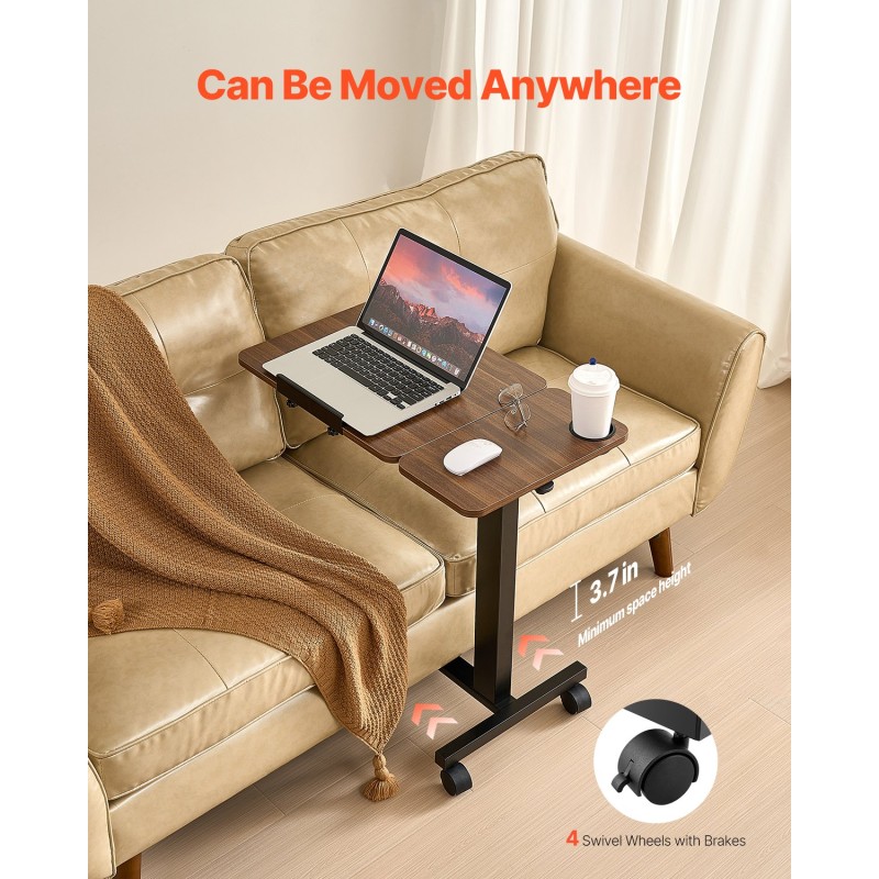 Sängynpöytä korkeussäädettävä lastulevyinen kallistettava pöytätaso 70x40 cm pyörillä