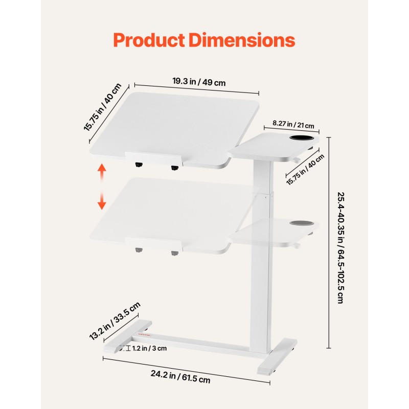 Säädettävä sängynpöytä lastulevy seosteräsrunko kallistettava levy pyörillä korkeus 64.5–102.5 cm