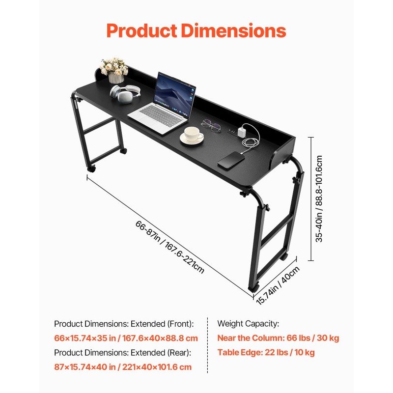 Korkeussäädettävä sängynpöytä lastulevytaso maalattu seosteräsrunko neljä pyörää kaksi USB-porttia kaksi virtapistorasiaa musta