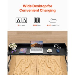 Korkeussäädettävä sängynpöytä lastulevytaso maalattu seosteräsrunko neljä pyörää kaksi USB-porttia kaksi virtapistorasiaa musta