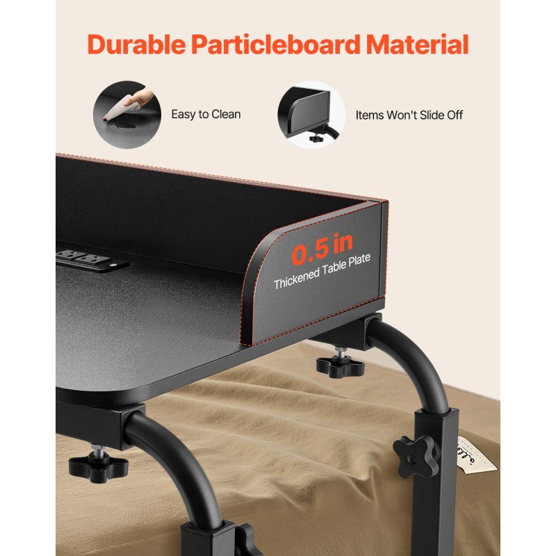 Korkeussäädettävä sängynpöytä lastulevytaso maalattu seosteräsrunko neljä pyörää kaksi USB-porttia kaksi virtapistorasiaa musta