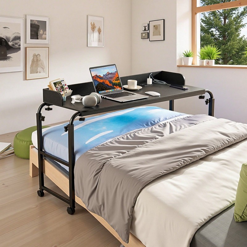 Korkeussäädettävä sängynpöytä lastulevytaso maalattu seosteräsrunko neljä pyörää kaksi USB-porttia kaksi virtapistorasiaa musta