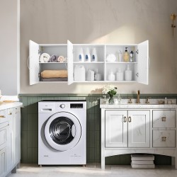 Pyykkikaappi seinään asennettava valkoinen lastulevy ja MDF-levy kolmiovinen kahdella hyllyllä