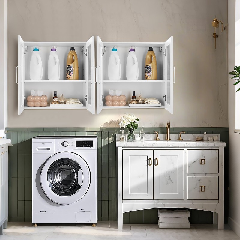 Seinälle asennettava pyykkihuonekaappi lastulevy MDF-levy valkoinen 30,5x61x61 cm 4 ovea säädettävät hyllyt