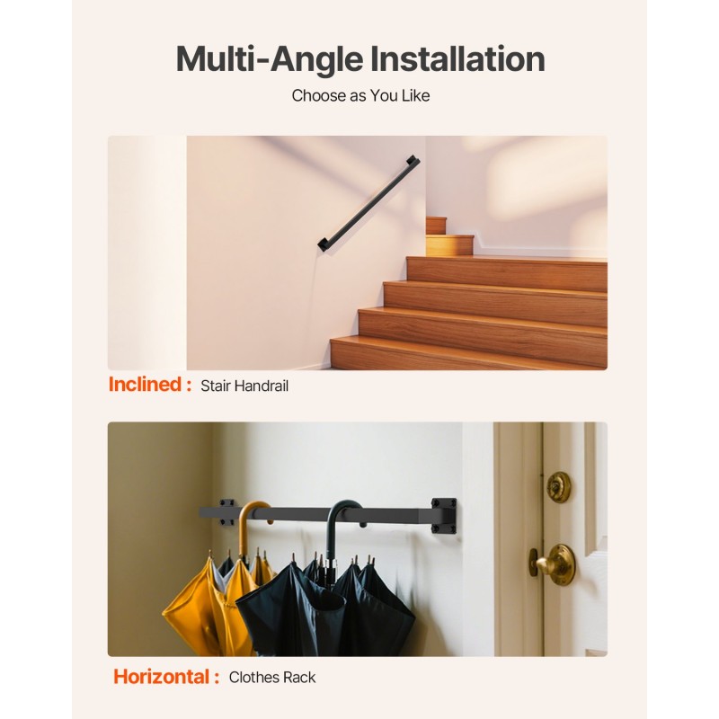 Seinään asennettava portaiden kaide neliöputkinen hiiliteräs 1215 mm musta sisäkäyttöön