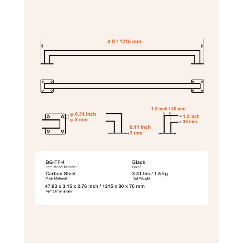 Seinään asennettava portaiden kaide neliöputkinen hiiliteräs 1215 mm musta sisäkäyttöön