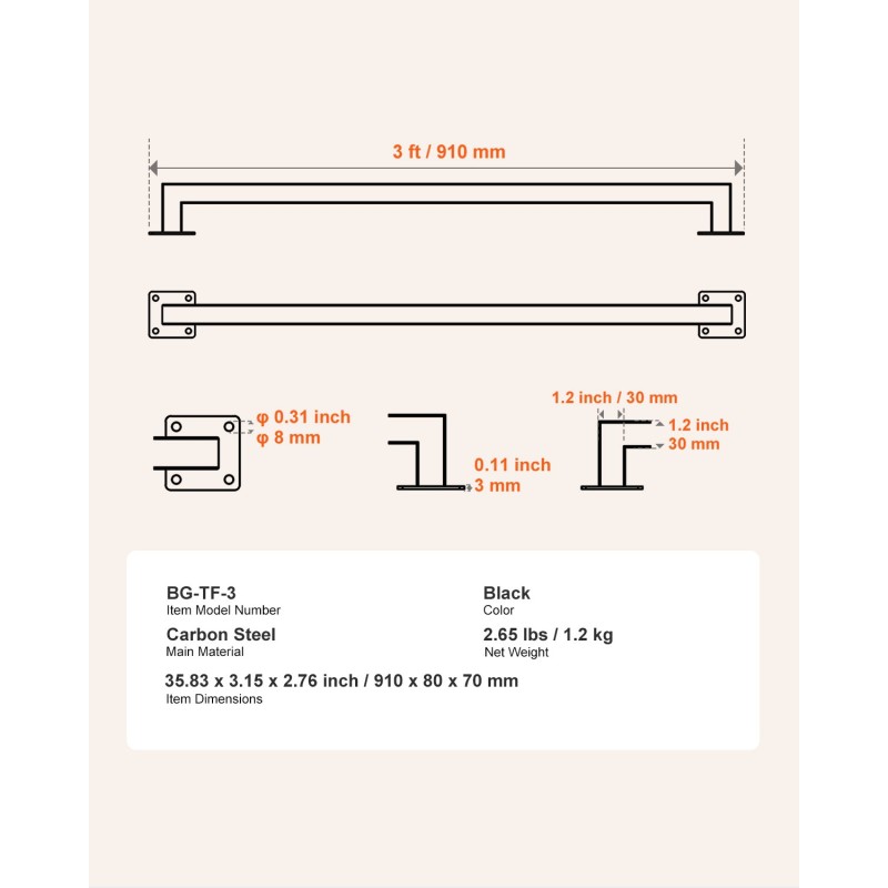 Seinäkiinnitteinen portaankaide hiiliterästä 910 mm kaksiosainen musta sisäkäyttöön