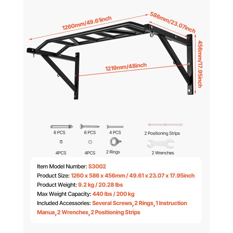 Seinään asennettava hiiliteräksinen leuanvetotanko 200 kg 1260 mm