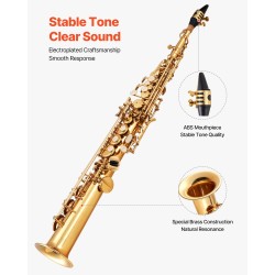 Sopraanosaksofoni messinkirunkoinen B-vireinen 23 näppäintä 33 sävelen ääniala