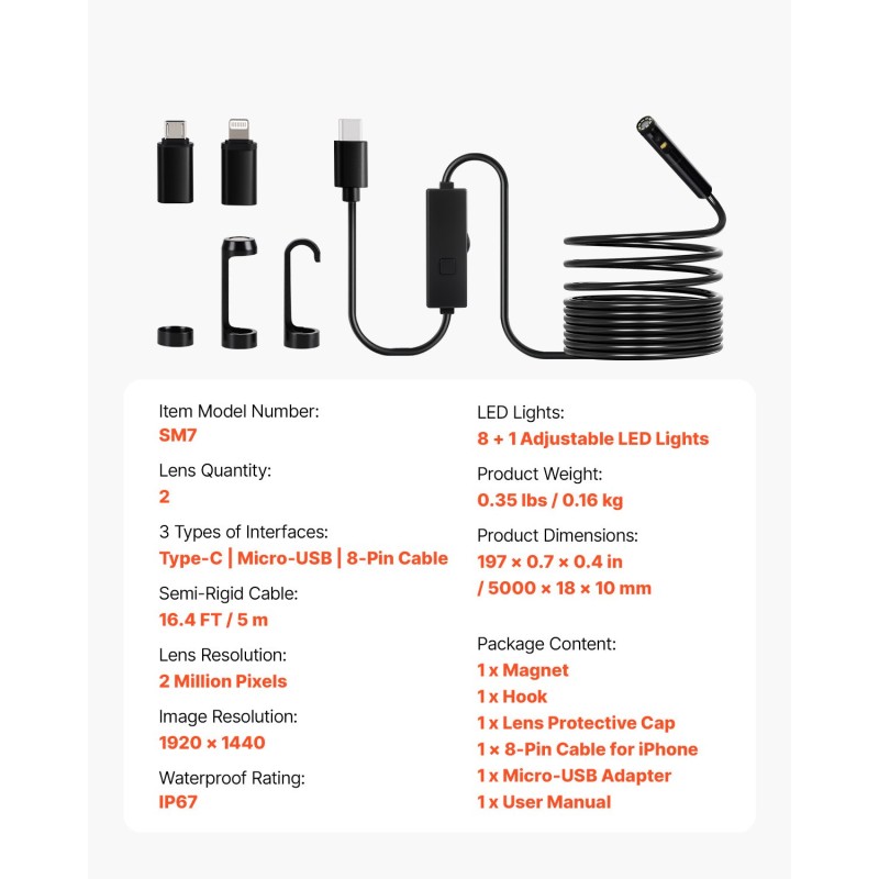 Endoskooppikamera kaksilinssinen viiden metrin kaapelilla vesitiivis kaksi megapikseliä