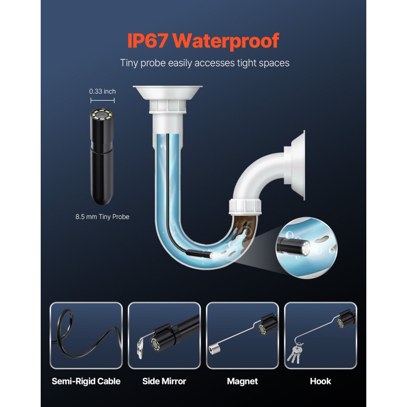 Endoskooppikamera 3 m puolijäykkä kaapeli 2 MP IP67 8 säädettävää LED-valoa