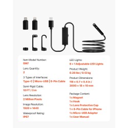 Endoskooppikamera kaksilinssinen 3 m semi-jäykkä kaapeli IP67 1920 x 1440 HD-kuva