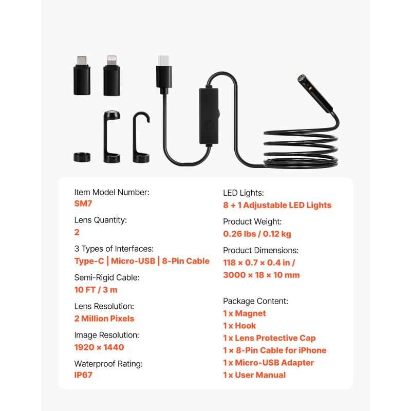 Endoskooppikamera kaksilinssinen 3 m semi-jäykkä kaapeli IP67 1920 x 1440 HD-kuva