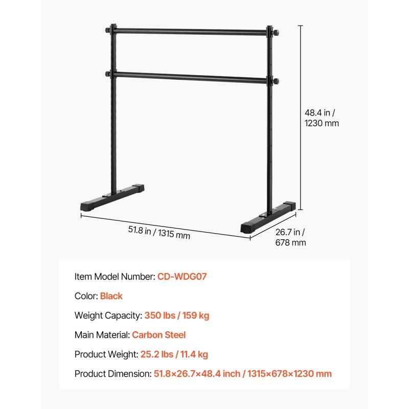 Kaksitasoinen vapaasti seisova balettitanko musta 10-portainen korkeussäätö 290–1205 mm