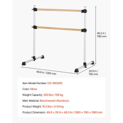 Siirrettävä balettitanko kaksitankoinen pyökkipuinen alumiinirunko korkeussäädettävä 170–1165 mm kotiin