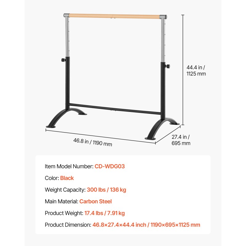 Kannettava balettitanko hiiliteräs säädettävä 5 tasoa 28–44 tuumaa musta aikuisille ja nuorille