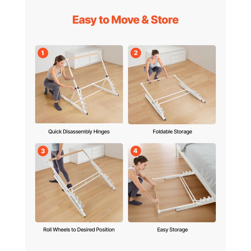 Balettitanko vapaasti seisova siirrettävä taitettava neliasteinen korkeussäätö pyökki ja hiiliteräs valkoinen