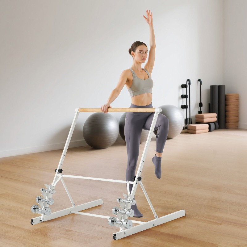 Balettitanko vapaasti seisova siirrettävä taitettava neliasteinen korkeussäätö pyökki ja hiiliteräs valkoinen