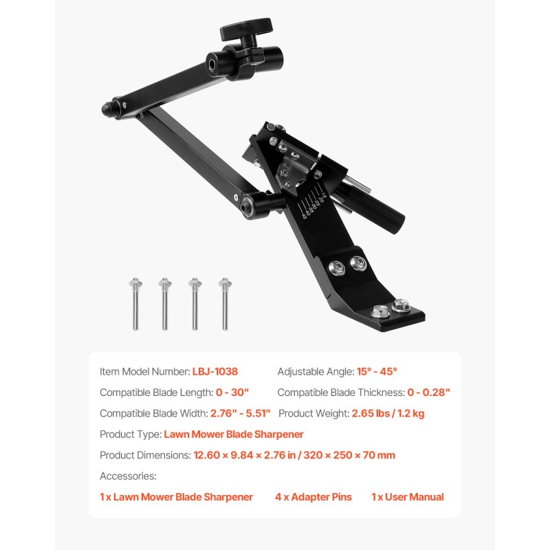 Ruohonleikkurin terän teroitin alumiiniseosrunko kuulalaakeri säädettävä 15–45 asteen kulma 25 mm kahva