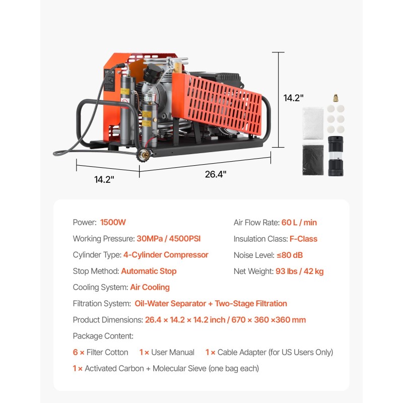 PCP-paineilmakompressori 1500 W 30 MPa nelisylinterinen 60 L/min tuuletinjäähdytys automaattipysäytys