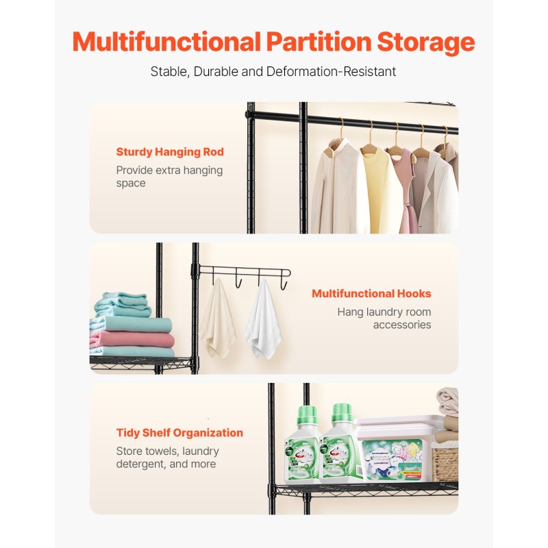 Pesukoneen ja kuivausrummun yläpuolinen hiiliteräshylly 6 tasoa 1610 mm