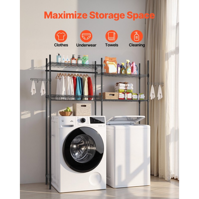 Pesukoneen ja kuivausrummun ylle säilytyshylly hiiliteräs 4 säädettävää tasoa