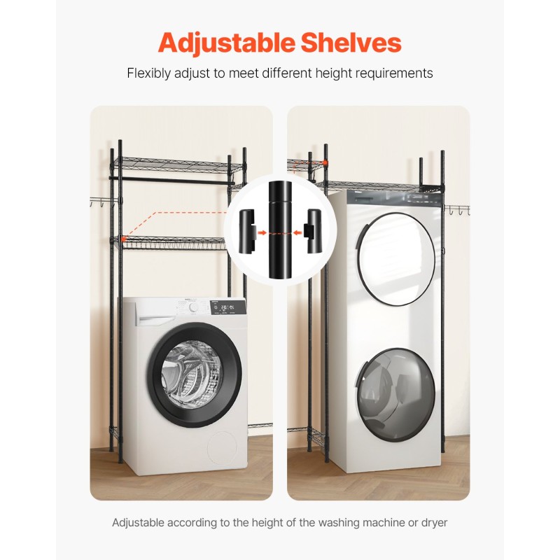 Pesukoneen ja kuivausrummun ylle säilytyshylly hiiliteräs 4 säädettävää tasoa