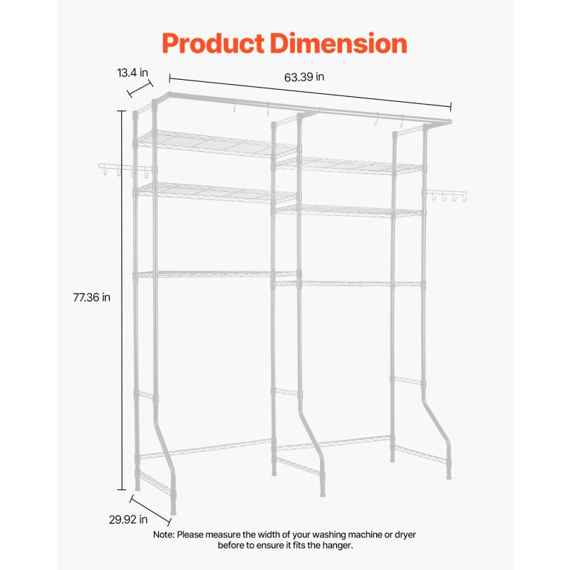 Pesukoneen ja kuivausrummun yläpuolinen hiiliteräksinen säilytyshylly 6 säädettävää tasoa