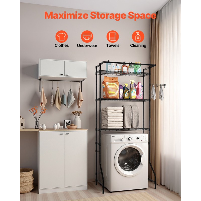 Pesukoneen ja kuivausrummun ylähylly hiiliteräsrunko kolme säädettävää hyllyä vaatetangolla