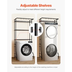 Pesukoneen ja kuivausrummun ylähylly hiiliteräsrunko kolme säädettävää hyllyä vaatetangolla
