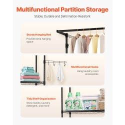 Pesukoneen ja kuivausrummun ylähylly hiiliteräsrunko kolme säädettävää hyllyä vaatetangolla