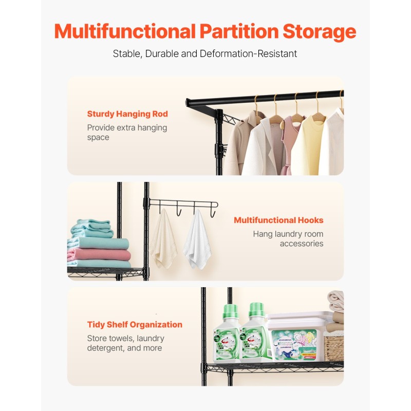 Pesukoneen ja kuivausrummun ylähylly hiiliteräsrunko kolme säädettävää hyllyä vaatetangolla