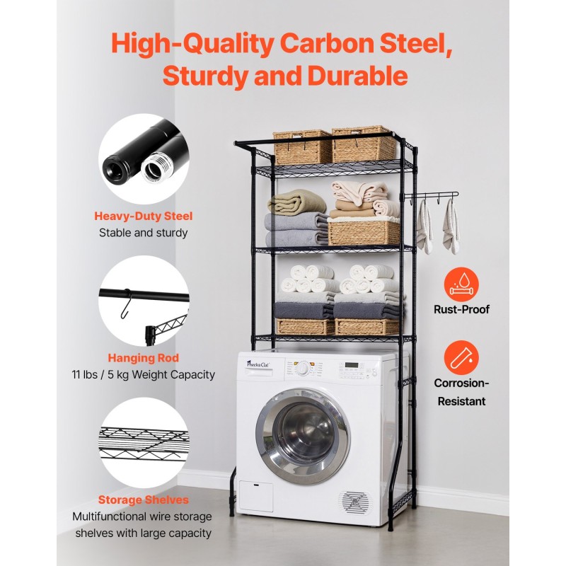 Pesukoneen ja kuivausrummun ylähylly hiiliteräsrunko kolme säädettävää hyllyä vaatetangolla