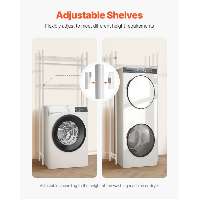 Ylähylly pesukoneen ja kuivausrummun päälle säädettävä hiiliteräksinen nelitasoinen kaatumissuojalla