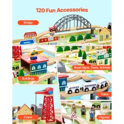 Puinen kolmitoiminen junarata ja aktiviteettipöytä 120-osainen käännettävällä kannella