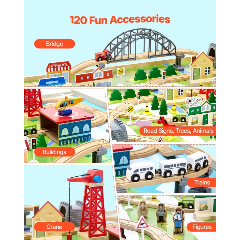 Puinen kolmitoiminen junarata ja aktiviteettipöytä 120-osainen käännettävällä kannella