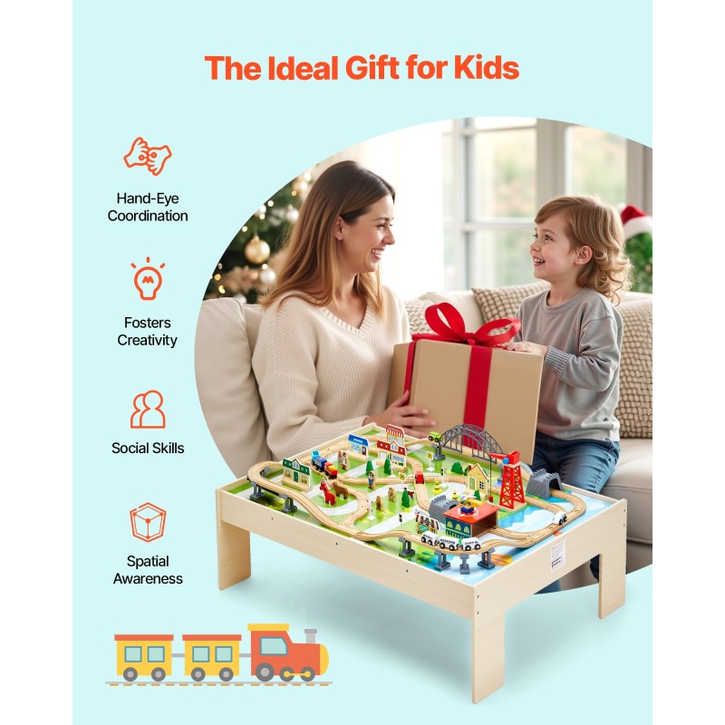 Puinen kolmitoiminen junarata ja aktiviteettipöytä 120-osainen käännettävällä kannella