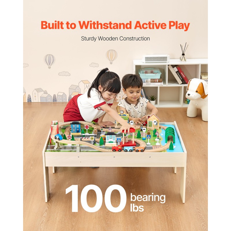 Puinen 84-osainen junarata ja leikkipöytäsarja kaksipuolisella pöytätasolla ja kokoontaitettavalla säilytyslaatikolla