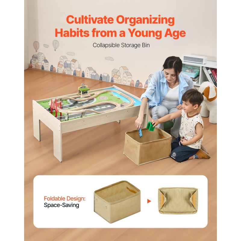 Puinen 84-osainen junarata ja leikkipöytäsarja kaksipuolisella pöytätasolla ja kokoontaitettavalla säilytyslaatikolla