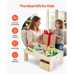 Puinen 84-osainen junarata ja leikkipöytäsarja kaksipuolisella pöytätasolla ja kokoontaitettavalla säilytyslaatikolla